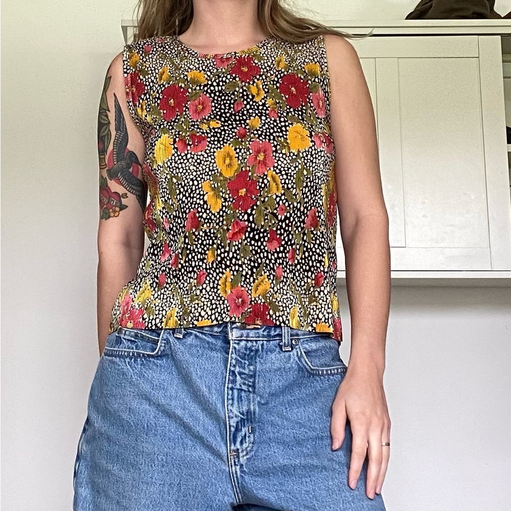 Plisse polka dot and floral vintage tank